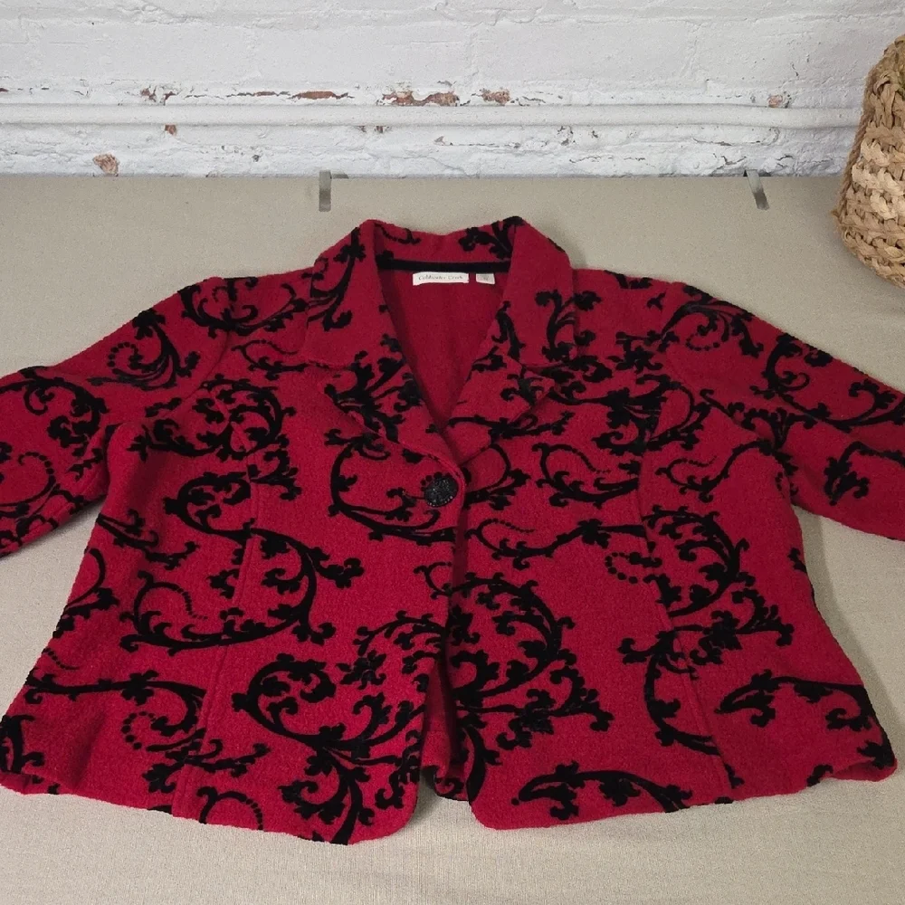 Coldwater Creek Red Jacket with Black Accents 100% Boiked Wool - Picture 1 of 6